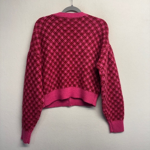 Aqua Faux Imitiation Pearl Preppy Knit Cardigan Pink Red Plaid Check Old Money - Picture 4 of 8